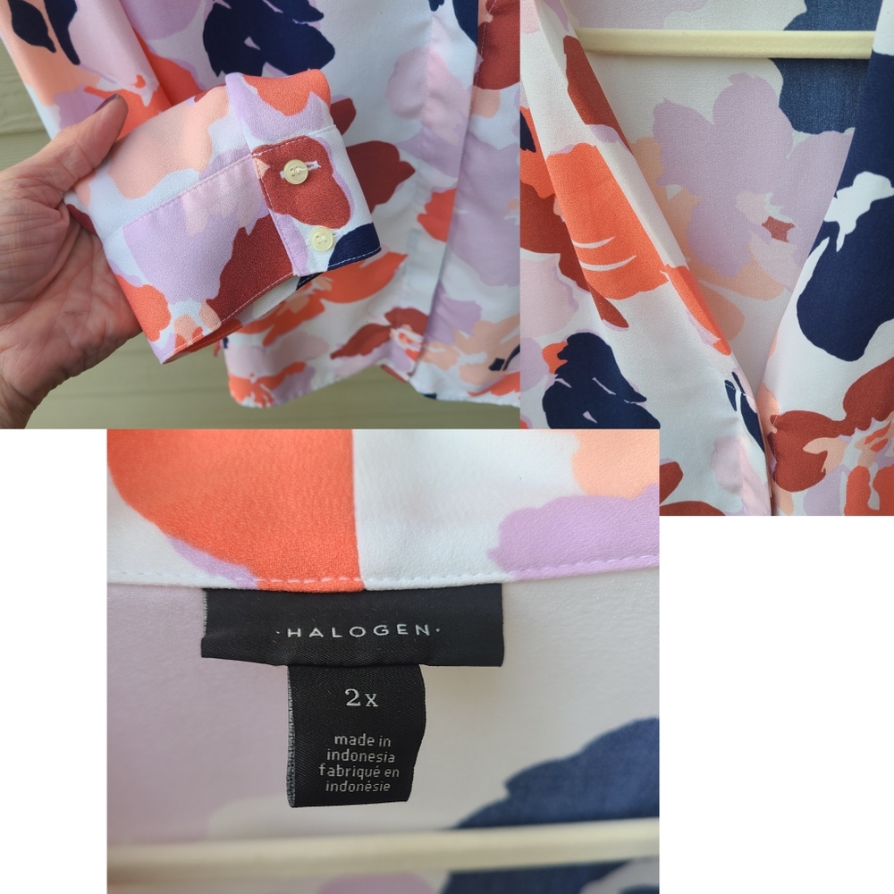 HALOGEN Navy Peach Abstract Print V Neck Long Sleeve Button Up Blouse 2X - Picture 4 of 8